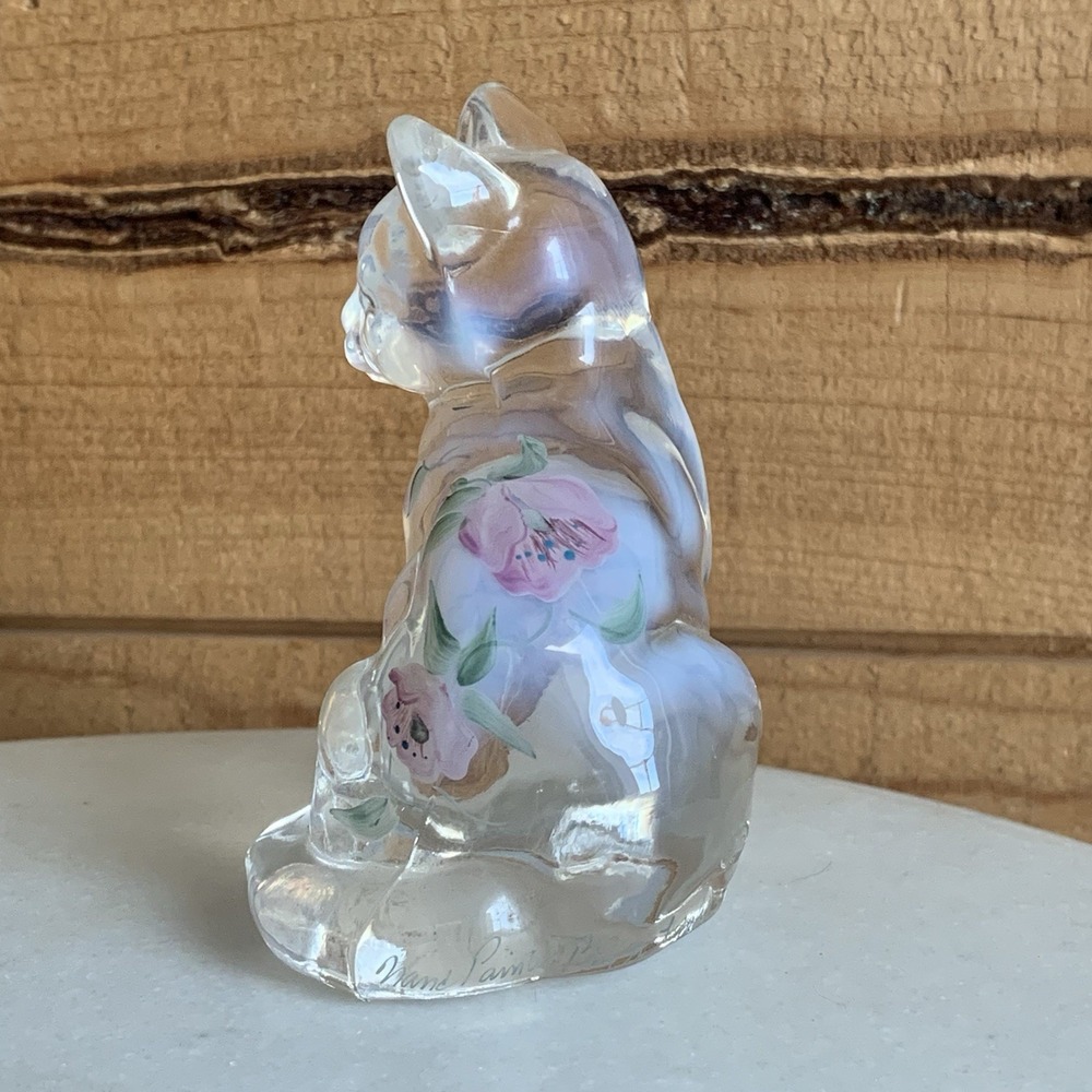 Fenton MCM Glass Cat‎ Hand Painted With Flowers Floral Design Opalescent 3.5" - Picture 3 of 8